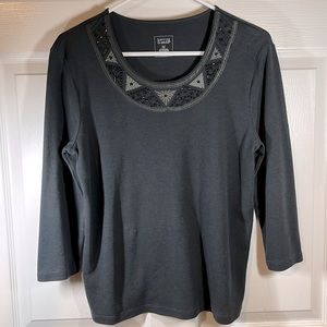 EXC Women’s M Top Embellished Beads Black Slip On U Neck 3/4 Length Sleeved